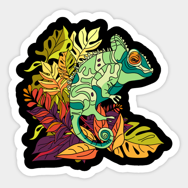 Chameleon in tropical leaves Sticker by Maria Zavoychinskiy 